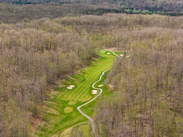 aerial overview of property's location featuring a golf club and a forest