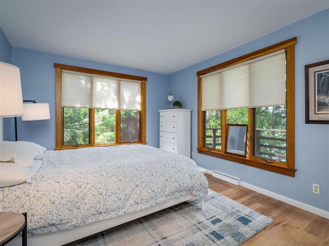 998 N Shr, Walloon Lake, MI 49796 - bedroom featuring multiple windows, a baseboard heating unit, wood finished floors, and baseboards