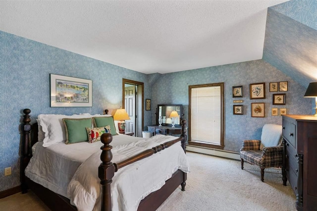 110 Birchwood Dr, Harbor Springs, MI 49740 - bedroom with a baseboard radiator, a textured ceiling, wallpapered walls, and carpet flooring