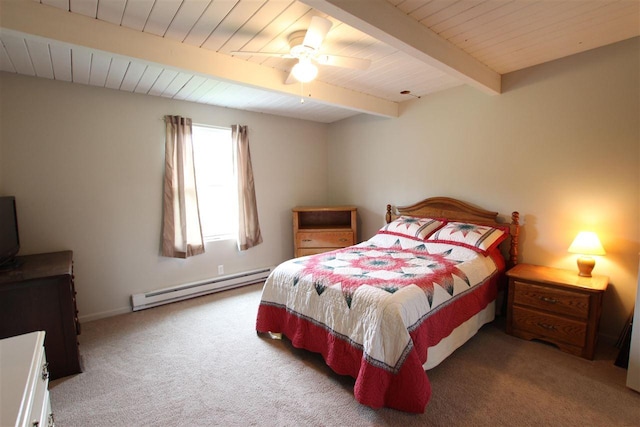 4155 Welsch Rd, Petoskey, MI 49770 - bedroom with a baseboard heating unit, beamed ceiling, carpet flooring, wood ceiling, and baseboards