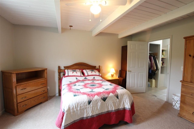4155 Welsch Rd, Petoskey, MI 49770 - bedroom featuring light carpet, beam ceiling, a ceiling fan, and wooden ceiling