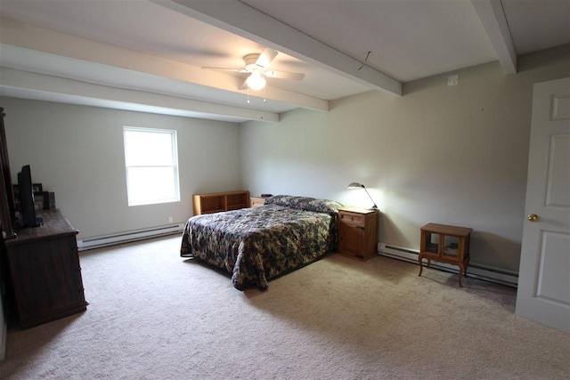 4155 Welsch Rd, Petoskey, MI 49770 - carpeted bedroom with a baseboard heating unit, beam ceiling, and ceiling fan