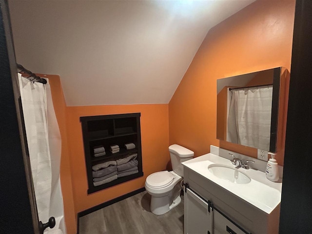 1645 Riley Rd, Kalkaska, MI 49646 - bathroom with vaulted ceiling, wood finished floors, vanity, and toilet