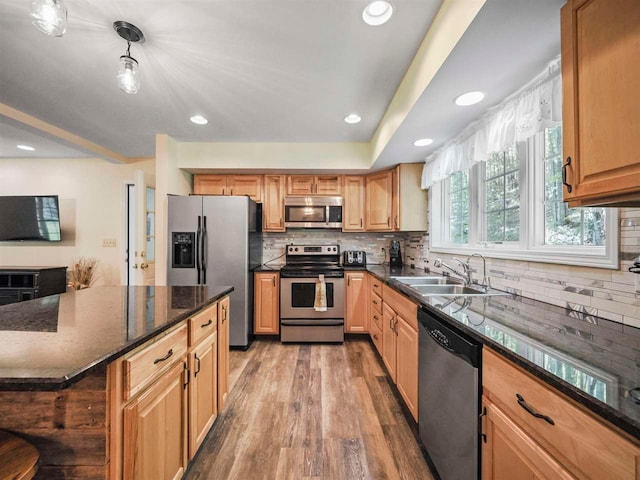 2729 Ranney Rd, East Jordan, MI 49727 - kitchen with stainless steel appliances, a sink, wood finished floors, tasteful backsplash, and dark stone counters