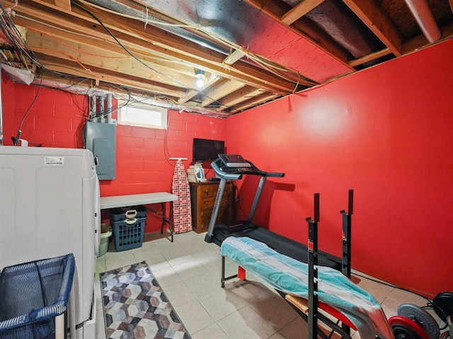 2729 Ranney Rd, East Jordan, MI 49727 - exercise room featuring electric panel, washer / dryer, and concrete block wall