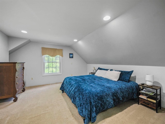 2729 Ranney Rd, East Jordan, MI 49727 - bedroom with carpet floors, lofted ceiling, and recessed lighting