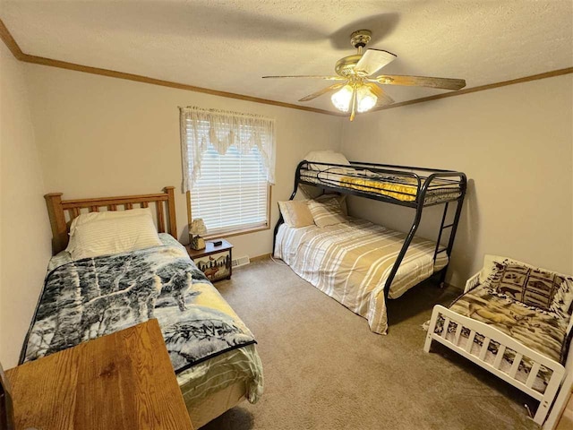 15500 Riverside Trl, Wolverine, MI 49799 - bedroom with crown molding, carpet flooring, a textured ceiling, and a ceiling fan