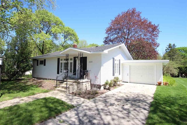 204 Burns St, Charlevoix, MI 49720 - single story home featuring an attached garage, driveway, a front lawn, and a chimney