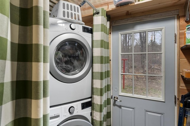 3622 Big Sky Trl, Gaylord, MI 49735 - clothes washing area with stacked washer / dryer