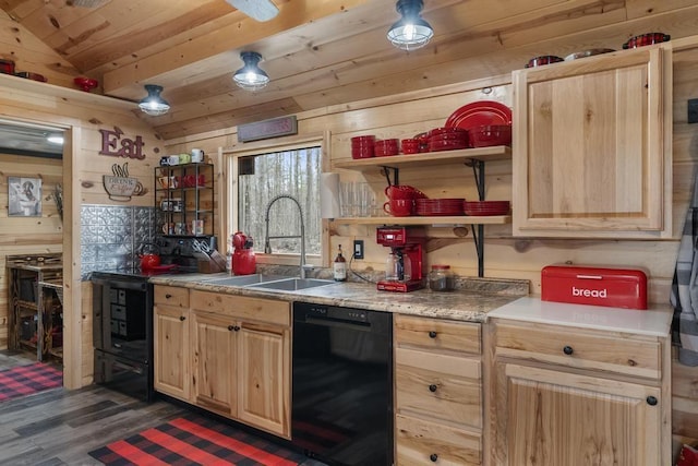 3622 Big Sky Trl, Gaylord, MI 49735 - kitchen featuring black dishwasher, light brown cabinetry, a sink, lofted ceiling, and dark wood-style floors