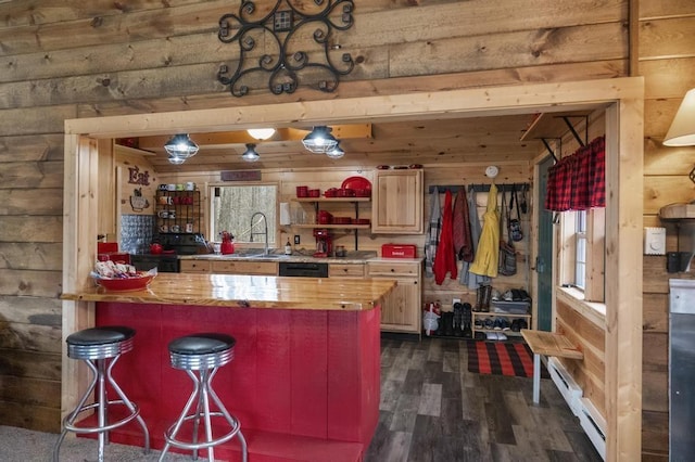 3622 Big Sky Trl, Gaylord, MI 49735 - kitchen featuring butcher block counters, wood walls, dark wood-style flooring, a kitchen breakfast bar, and a baseboard radiator