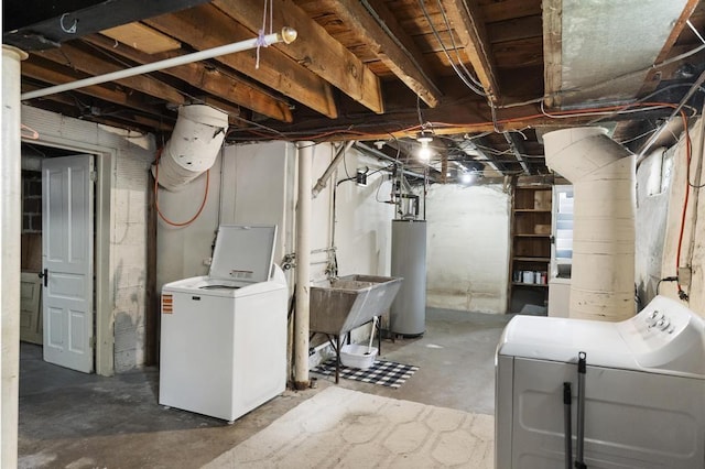 612 E Mitchell St, Petoskey, MI 49770 - unfinished basement featuring washing machine and clothes dryer, gas water heater, and a sink
