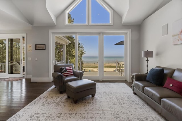 4435 Lake Shore Dr, Charlevoix, MI 49720 - living area featuring vaulted ceiling, wood finished floors, baseboards, and a water view