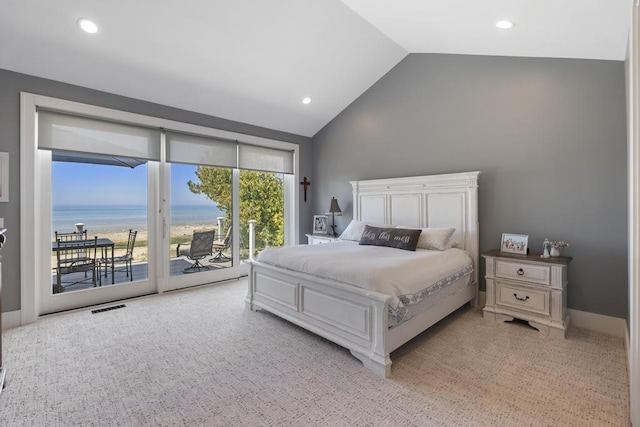 4435 Lake Shore Dr, Charlevoix, MI 49720 - bedroom featuring access to outside, lofted ceiling, recessed lighting, and a water view