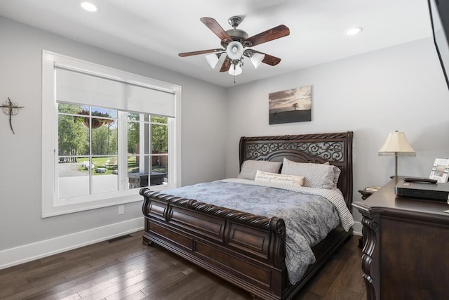 4435 Lake Shore Dr, Charlevoix, MI 49720 - bedroom with baseboards, recessed lighting, dark wood-style flooring, and ceiling fan