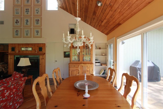 3237 Greenbriar, Harbor Springs, MI 49740 - dining area featuring a glass covered fireplace, wood ceiling, a chandelier, high vaulted ceiling, and wood finished floors