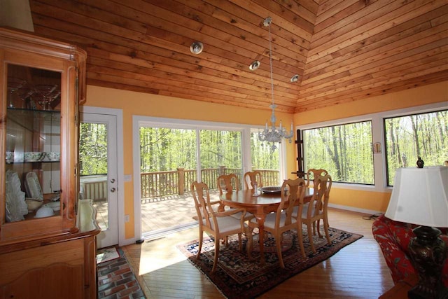 3237 Greenbriar, Harbor Springs, MI 49740 - dining area featuring baseboards, a chandelier, plenty of natural light, hardwood / wood-style floors, and a towering ceiling