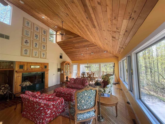 3237 Greenbriar, Harbor Springs, MI 49740 - living area featuring wooden ceiling, hardwood / wood-style floors, a fireplace with flush hearth, a ceiling fan, and high vaulted ceiling
