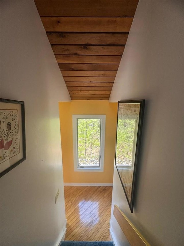 3237 Greenbriar, Harbor Springs, MI 49740 - hall featuring wooden ceiling, baseboards, wood finished floors, and lofted ceiling