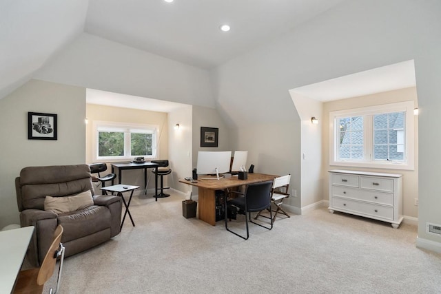 4104 Harborview Rdg Unit 28, Bay Harbor, MI 49770 - carpeted home office with vaulted ceiling, baseboards, and recessed lighting