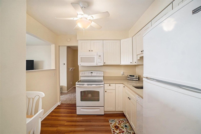806 Arlington Unit 11, Petoskey, MI 49770 - kitchen featuring white appliances, dark wood finished floors, ceiling fan, and white cabinets
