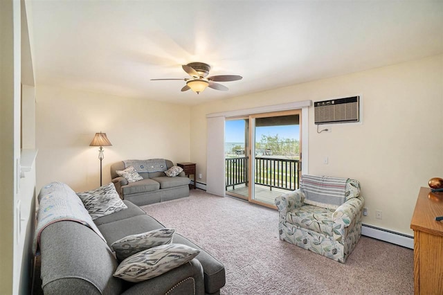 806 Arlington Unit 11, Petoskey, MI 49770 - carpeted living room featuring a baseboard radiator, an AC wall unit, ceiling fan, and baseboard heating