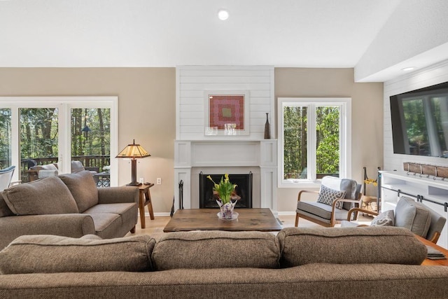 2018 Greenbriar Ter, Harbor Springs, MI 49740 - living room featuring wood finished floors, a fireplace, baseboards, recessed lighting, and lofted ceiling