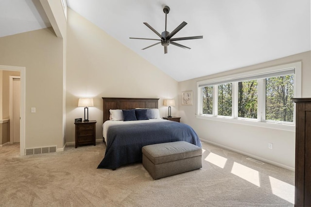 2018 Greenbriar Ter, Harbor Springs, MI 49740 - bedroom featuring light colored carpet, high vaulted ceiling, baseboards, beamed ceiling, and ceiling fan