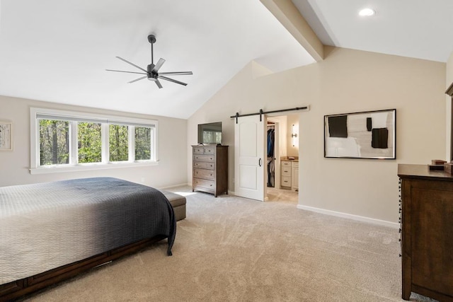 2018 Greenbriar Ter, Harbor Springs, MI 49740 - bedroom featuring a barn door, baseboards, light carpet, high vaulted ceiling, and beam ceiling