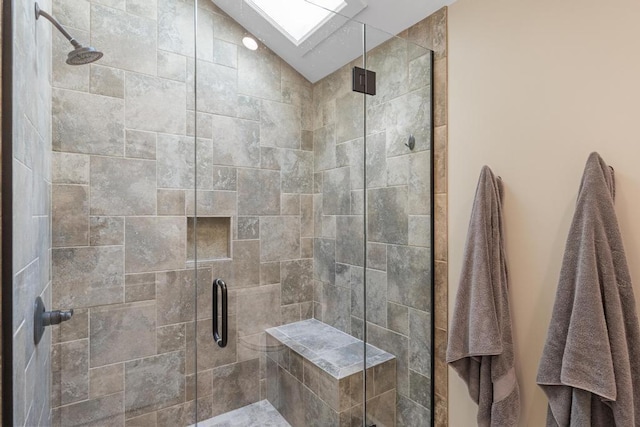 2018 Greenbriar Ter, Harbor Springs, MI 49740 - full bathroom featuring a shower stall, lofted ceiling, and a skylight