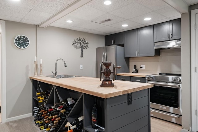 2018 Greenbriar Ter, Harbor Springs, MI 49740 - kitchen with wood counters, appliances with stainless steel finishes, under cabinet range hood, gray cabinets, and a sink