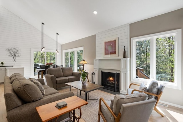 2018 Greenbriar Ter, Harbor Springs, MI 49740 - living area featuring high vaulted ceiling, light wood-style flooring, a fireplace with flush hearth, and baseboards