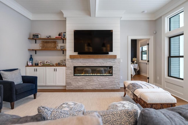 917 Grove St, Petoskey, MI 49770 - living room featuring healthy amount of natural light, a fireplace, wood finished floors, and ornamental molding