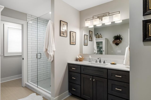 917 Grove St, Petoskey, MI 49770 - full bathroom with a stall shower, baseboards, and vanity