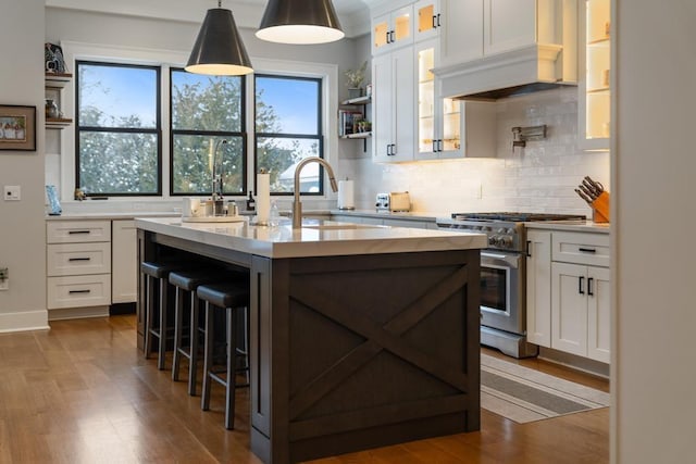 917 Grove St, Petoskey, MI 49770 - kitchen with high end range, open shelves, light countertops, and dark wood-style floors