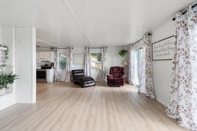 9425 Birch Ridge Rd, Onaway, MI 49765 - sitting room with light wood-type flooring, baseboards, and wood walls