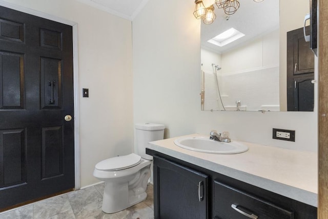 7245-83 Upper Kelsey Dr, Charlevoix, MI 49720 - bathroom with crown molding, vanity, toilet, and a shower