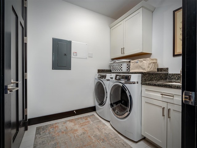 422 E Mitchell Unit 1, Petoskey, MI 49770 - laundry room with electric panel, cabinet space, washer and clothes dryer, and light tile patterned flooring