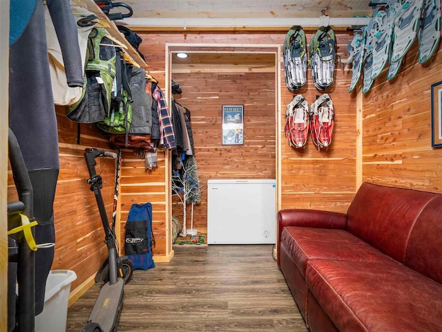 422 E Mitchell Unit 1, Petoskey, MI 49770 - living room with wooden walls and wood finished floors