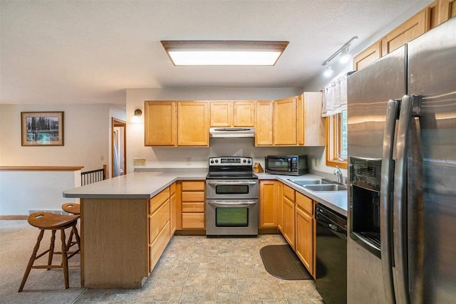 4024 Behling, Boyne City, MI 49712 - kitchen with stainless steel appliances, under cabinet range hood, a sink, a peninsula, and a kitchen bar