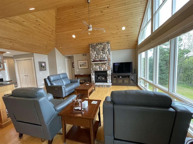 9030 Sugar Tree Ln, Charlevoix, MI 49720 - living room featuring high vaulted ceiling, wood ceiling, ceiling fan, light wood-style floors, and recessed lighting
