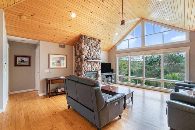 9030 Sugar Tree Ln, Charlevoix, MI 49720 - living room with wood ceiling, light wood-type flooring, baseboards, a fireplace, and high vaulted ceiling
