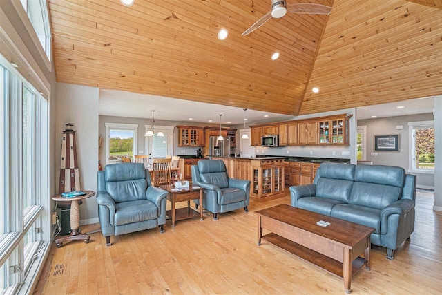 9030 Sugar Tree Ln, Charlevoix, MI 49720 - living room featuring wood ceiling, high vaulted ceiling, a ceiling fan, light wood-type flooring, and recessed lighting