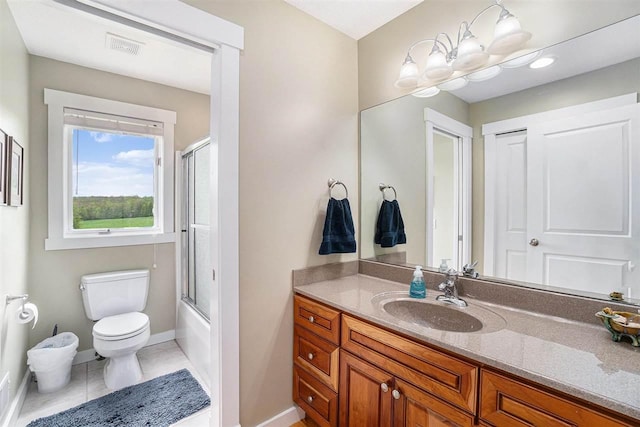 9030 Sugar Tree Ln, Charlevoix, MI 49720 - bathroom featuring vanity, toilet, baseboards, bath / shower combo with glass door, and tile patterned flooring