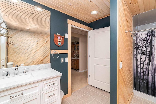 9030 Sugar Tree Ln, Charlevoix, MI 49720 - bathroom featuring vanity, wood ceiling, recessed lighting, wooden walls, and curtained shower