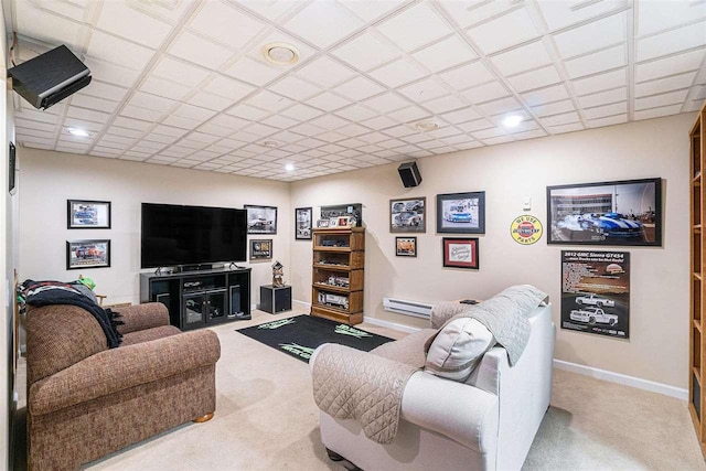 9030 Sugar Tree Ln, Charlevoix, MI 49720 - living area with carpet flooring, a baseboard radiator, baseboards, and recessed lighting