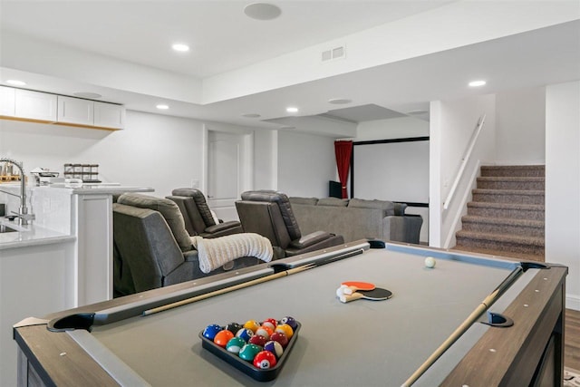 8530 Dustin Ln, East Jordan, MI 49727 - recreation room with billiards, recessed lighting, a sink, and dark wood-type flooring