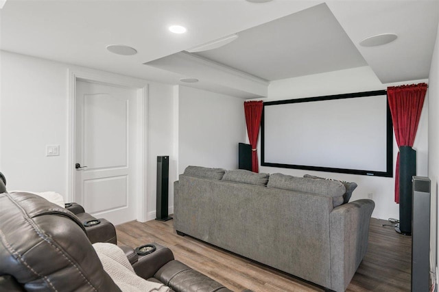 8530 Dustin Ln, East Jordan, MI 49727 - cinema room with wood finished floors, a tray ceiling, and recessed lighting