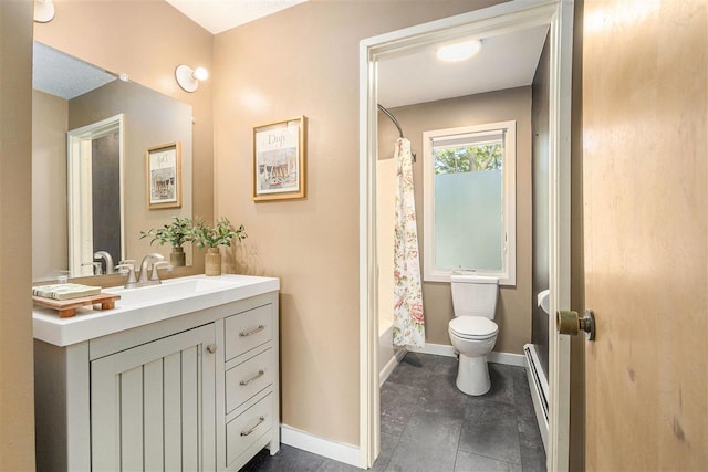 302 Quaintance Ave, Petoskey, MI 49770 - full bathroom featuring toilet, vanity, baseboards, a baseboard heating unit, and shower / tub combo