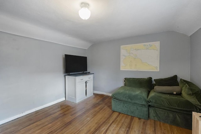 1117 E Mitchell St, Petoskey, MI 49770 - living room featuring lofted ceiling, wood finished floors, and baseboards